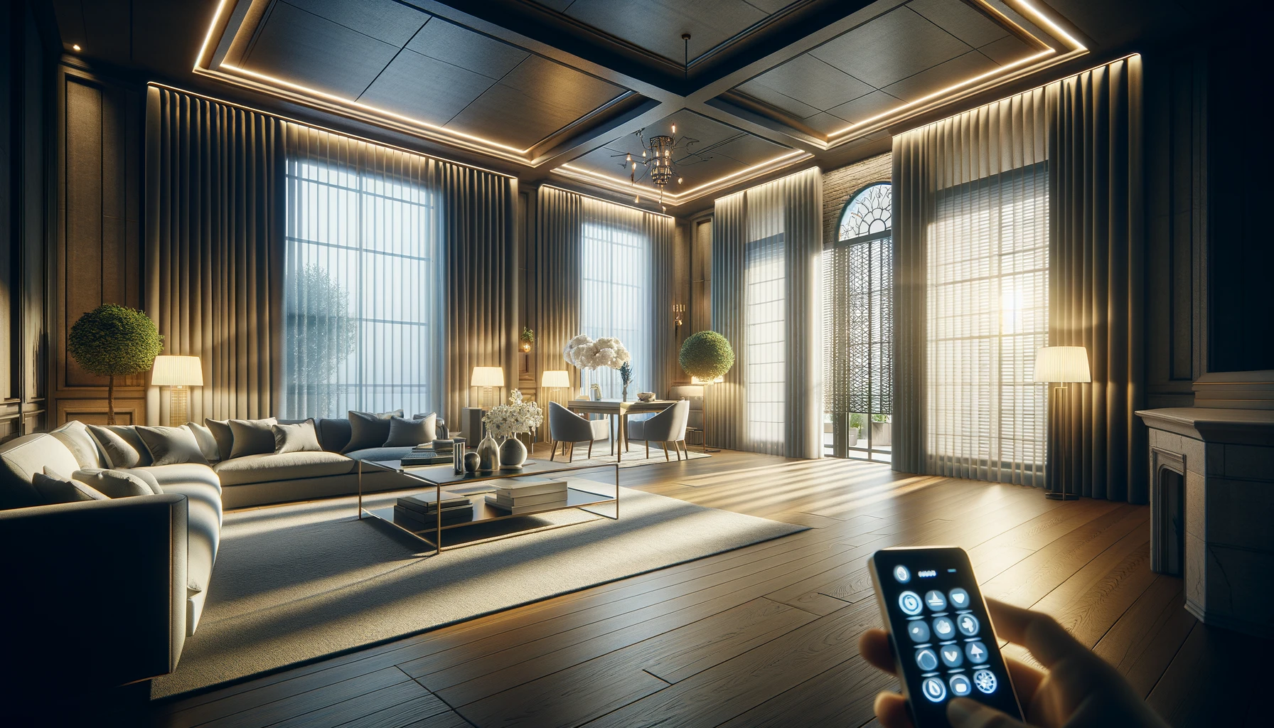 Elegant window treatments enhancing the lighting control in a large sitting room