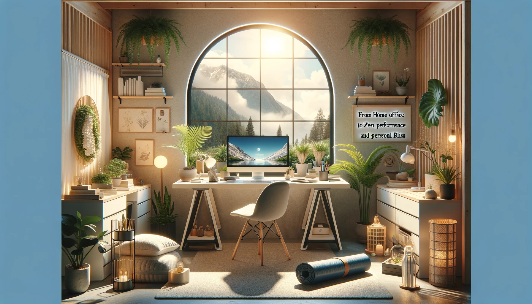 DALL·E 2024-02-23 12.49.51 – Create an image that encapsulates the theme ‘From Home Office to Zen Den_ Cultivating a Space for Peak Performance and Personal Bliss’. Visualize a tr A sun-drenched serene home office with plants and other soothing objects placed around the desk
