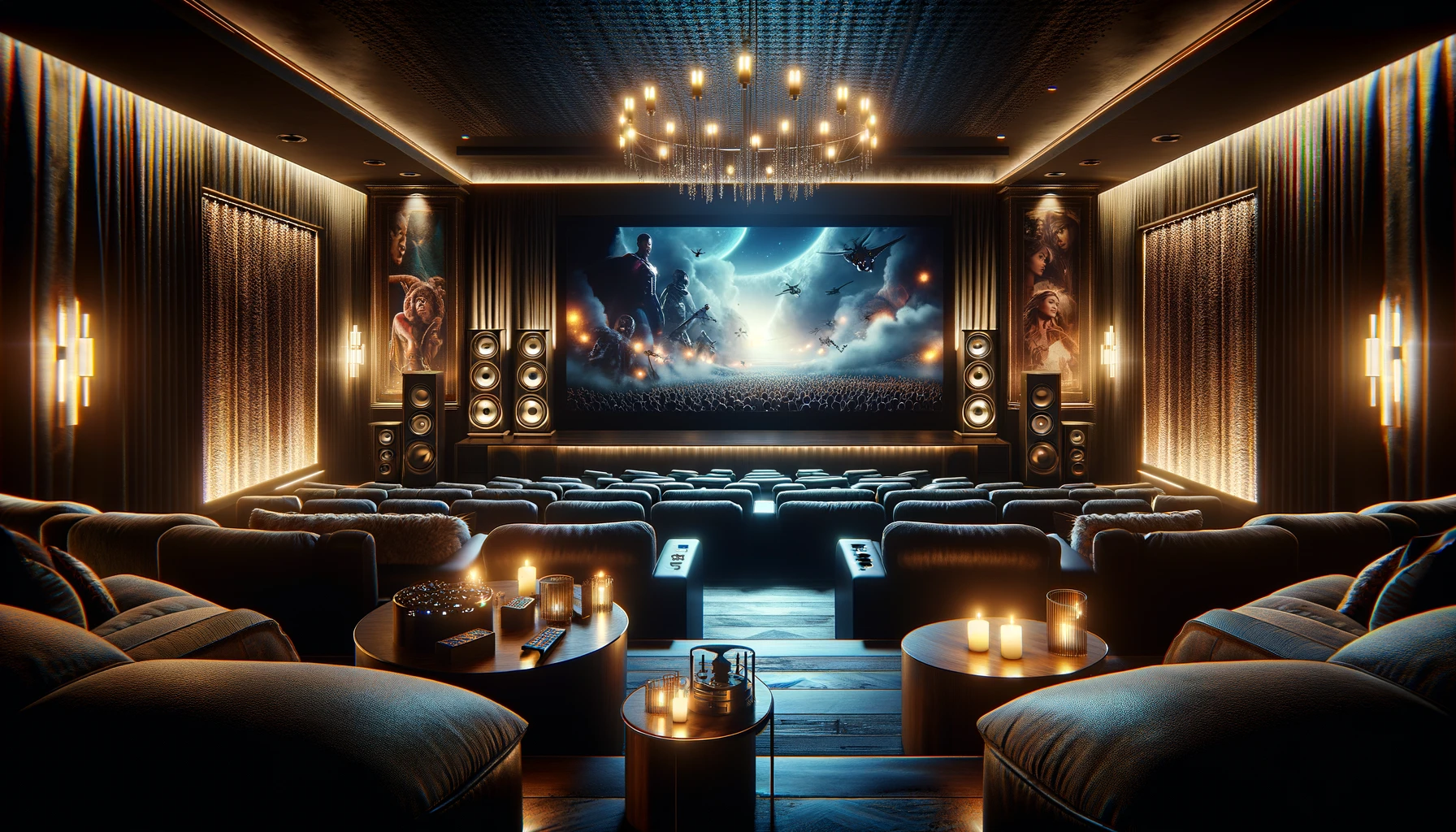 DALL·E 2024-02-23 13.37.25 – Create a version of the luxurious home theater setup without any text, letters, words, or phrases. The image should still encapsulate the excitement a A large, luxurious home theater with projector and surround sound speakers