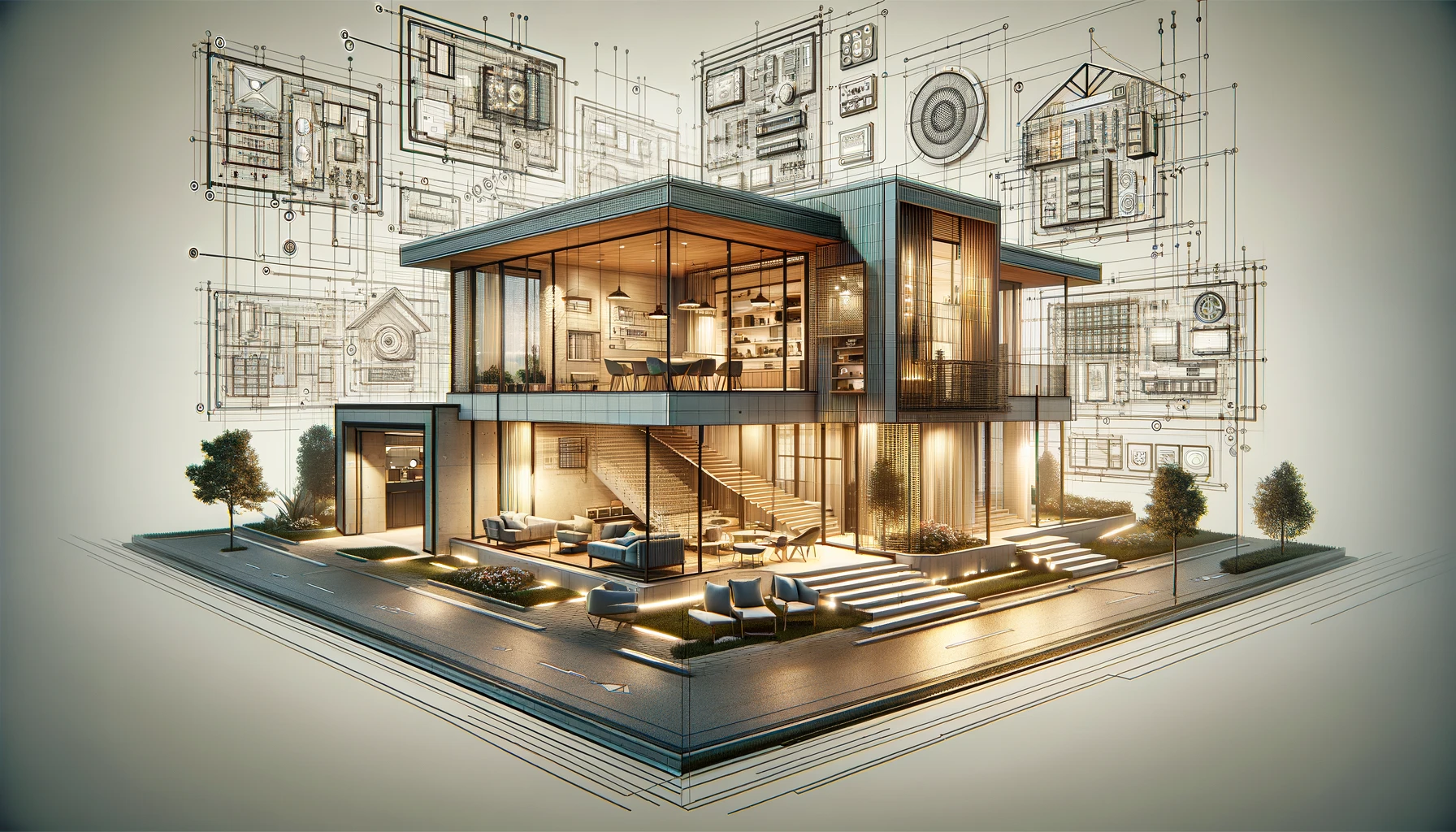A modern home model displaying multiple low voltage technologies