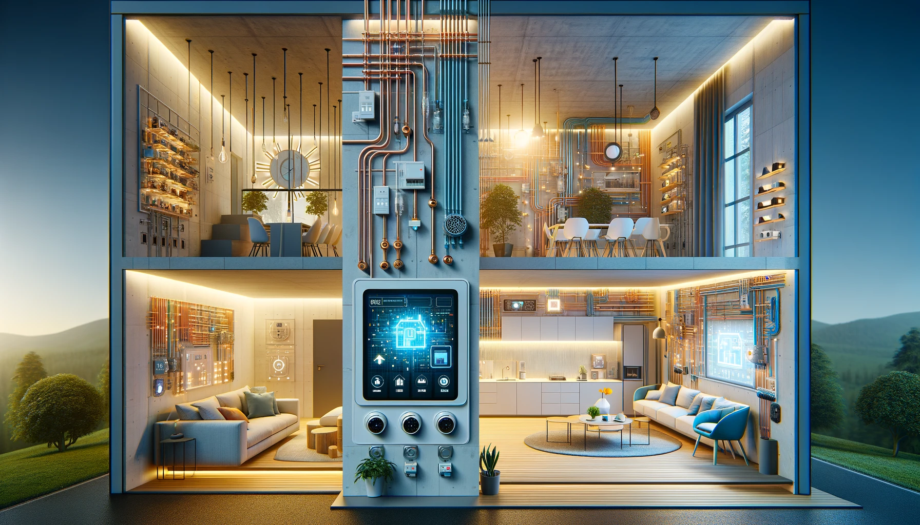 DALL·E 2024-02-23 16.42.15 – Create two images that illustrate the concept of ‘Smart Homes Made Simple_ Unlocking the Power of Pre-Wired Living’ without any text, words, letters, Illustration of home technology systems connected by low voltage wiring that was pre wired