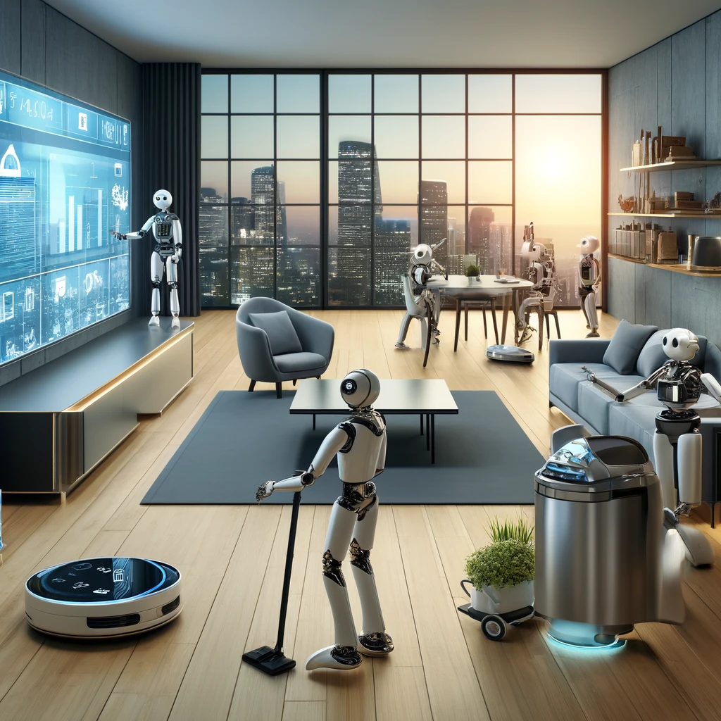 DALL·E 2024-05-07 12.21.24 – A sleek, modern representation of a smart home filled with various robots performing tasks like vacuuming, cooking, and gardening. The scene should be